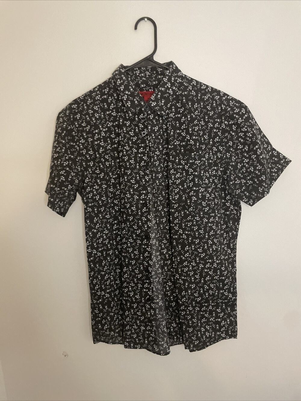 MONTAGE Shirt Med Short Sleeve Slim Fit Mens Button Up Black White Print
